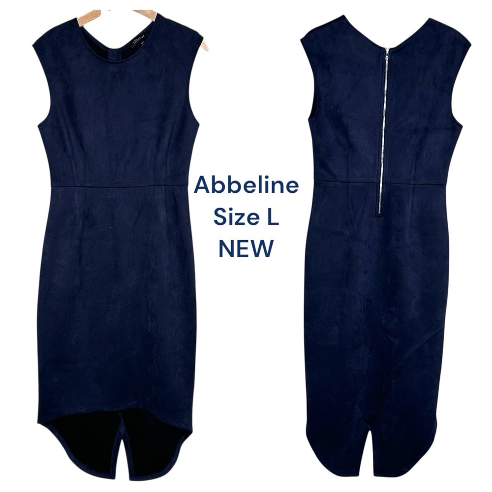Abbeline Womens L Dress Navy Hi/Low Sleeveless Micro Suede Artsy Back Zip NEW